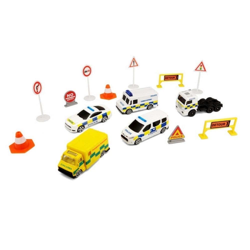 Fresh Metal Emergency Force Playset, The Fresh Metal emergency vehicle playset is a thrilling addition to any young child's toy collection. This set features five diecast toys, each designed in the likeness of real-life emergency response vehicles. Included in the set are a police van, police truck, ambulance, and two police cars, all painted in eye-catching shades of blue and white with graphics depicting the brave men and women who serve as first responders. But it's not just the toys themselves that make