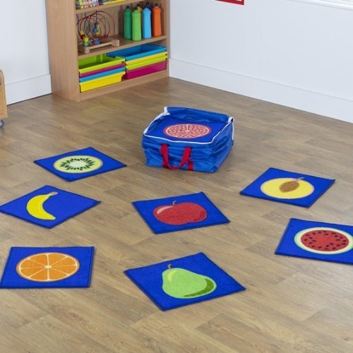 Fruit Mini Placement Carpets with holdall, As health and wellbeing become increasingly important classroom topics, our Fruit Mini Placement Carpets with holdall is the perfect new addition to the teaching environment. The Fruit Mini Placement Carpets with holdall is a great way to encourage distanced seating in a classroom. Designed for supporting fundamental areas of learning and development such as Understanding the World and Communication & Language. The design features images of both the outside and ins