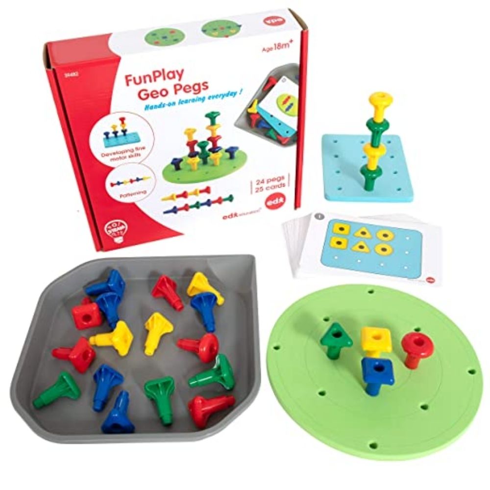 FunPlay Geo Pegs, Children enjoy playing pegs by pushing in, pulling out and stacking. The FunPlay Geo Pegs set comes with two pegboards (round & rectangular) will encourage children to create different patterns. These pegs can also be used for learning sorting, matching, sequencing, patterning, and counting. The FunPlay Geo Pegs Set includes 24 pegs in 3 shapes and 4 colours, with one rectangular pegboard, one round pegboard, 25 x double-sided activity cards and a Fun Messy Tray. Supports the following are
