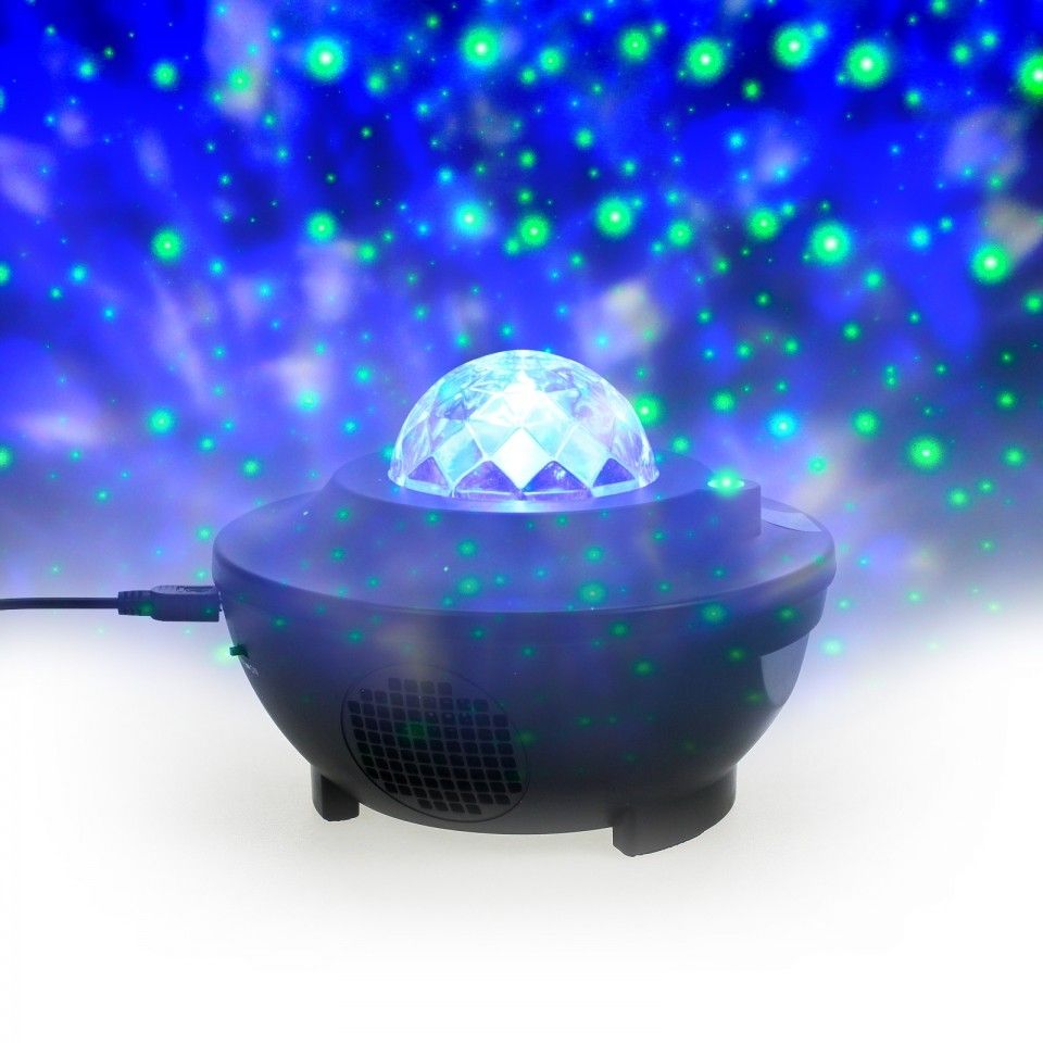 Galaxy Projection Lamp & Speaker, An outstanding laser projector light, this Star Galaxy Projector is packed with incredible features and effects! Project a mesmerising starry night display onto walls and ceilings around your home with a striking green laser, and soften the effect with a soothing ocean wave water flow in the background! A stunning mood light that can be used in any room in your home, isolate colourful wave effects or green laser stars, and even pause the wave effect or control the speed of 