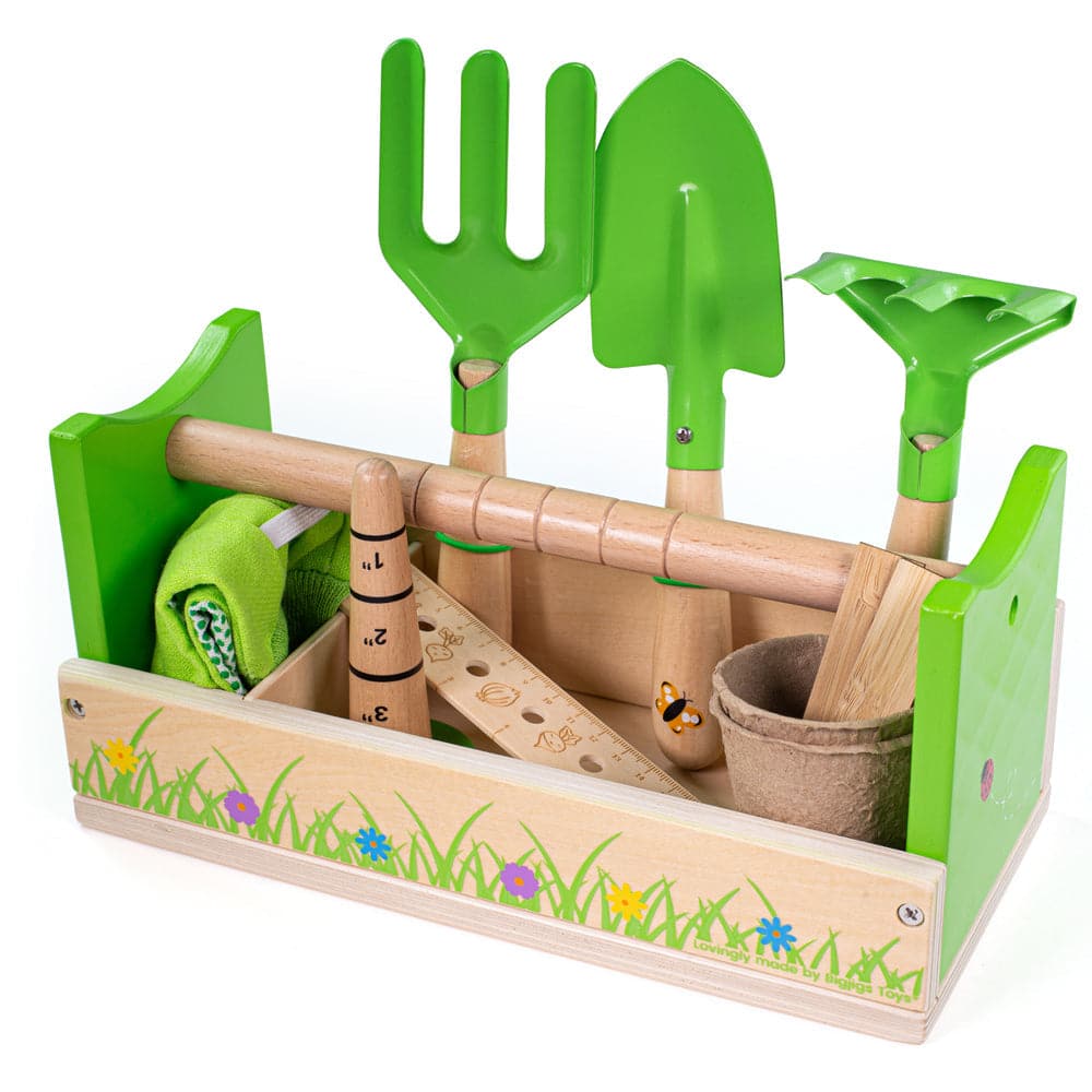 Gardening Caddy, Ideal for gardens or window boxes, our Kids Garden Caddy is packed with childrens garden tools and everything young gardeners need to get started. Made from high-quality wood, the garden caddy is delicately decorated in a bright green shade with colourful flowers and ladybirds. The Bigjigs Gardening Caddy comes with 11 play pieces in total, including gardening gloves, a ruler, a trowel, a fork, a rake and much more. Each of the gardening tools are specially designed for little hands in mind