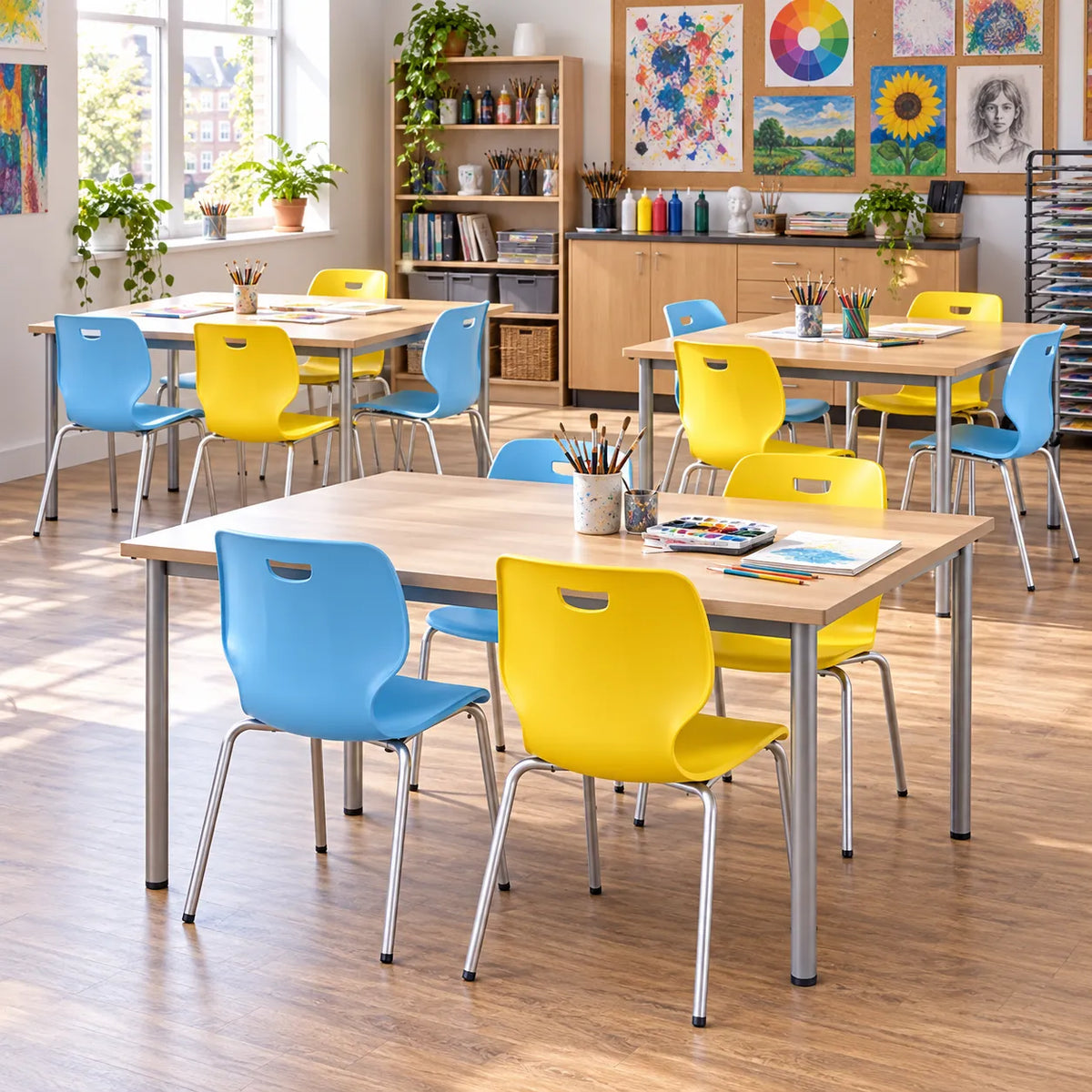 Geo Stacking Chair Set of 12 in a bright UK classroom – lifestyle image 3