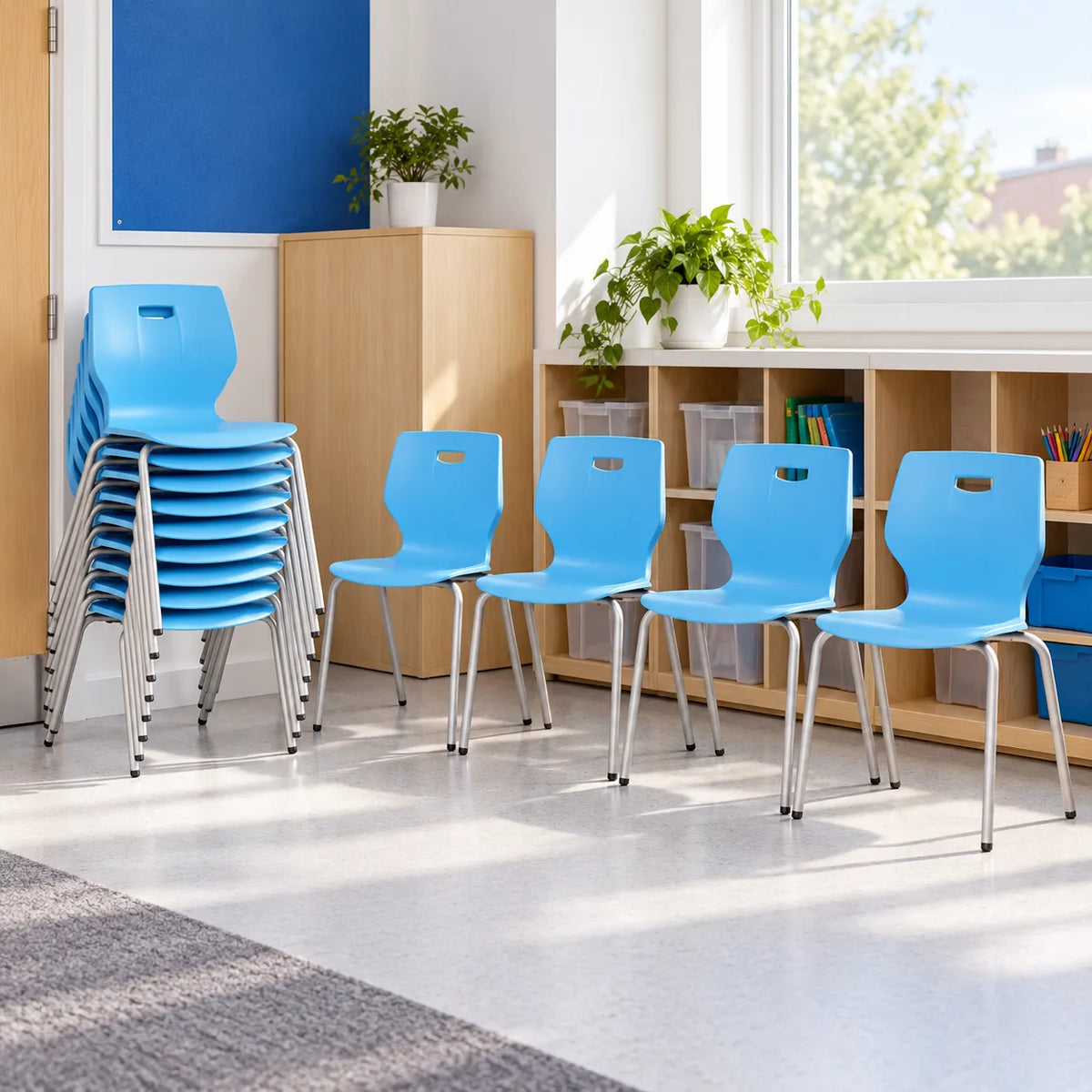 Geo Stacking Chair Set of 12 in a bright UK classroom – lifestyle image 5