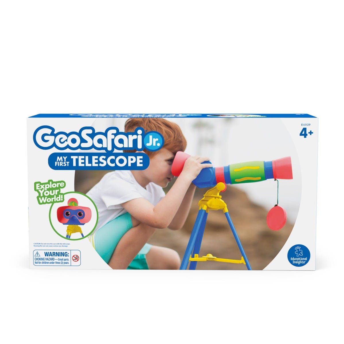 GeoSafari Jr My First Telescope, With its bright colours and clever design, this is the perfect first telescope. The GeoSafari Jr My First Telescope will encourage children to star gaze with this 9x magnification spotting telescope. Two eyes are better than one; children will find comfort using the 2 extra large eyepieces. The GeoSafari Jr My First Telescope is developed using the average pupil distance for children, and a nose cut out, young explorers can discover the outside world with ease. Ideal tool fo