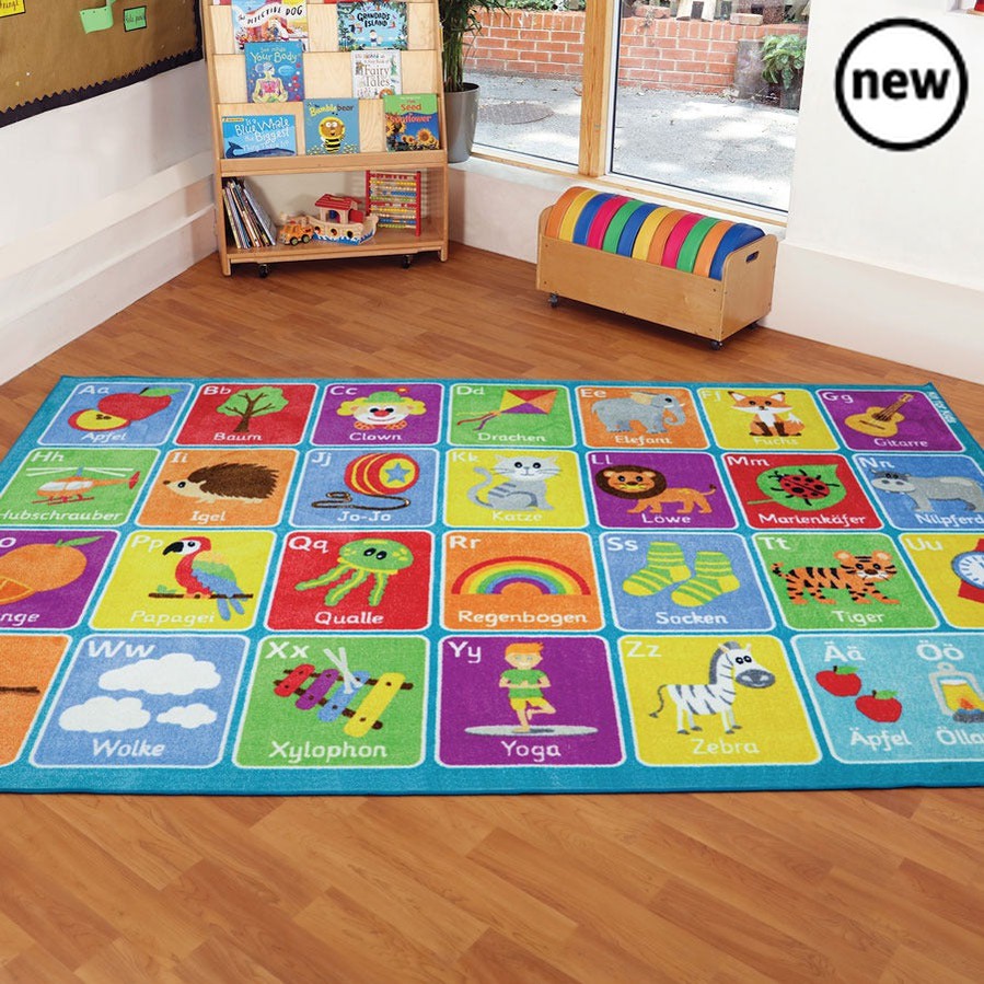 German Alphabet Carpet, The German Alphabet Carpet is a large colourful 3 x 2m highly visually appealing carpet. The German Alphabet Carpet is perfect for children to sit and enhance learning word and letter recognition in a fun interactive way. Distinctive and brightly coloured, child friendly designs Designed to encourage learning through interaction and play Crease resistant with unique Rhombus™ anti-skid Dura-Latex™ safety backing Abrasion resistant, laboratory rub tested to heavy duty standards Tightly
