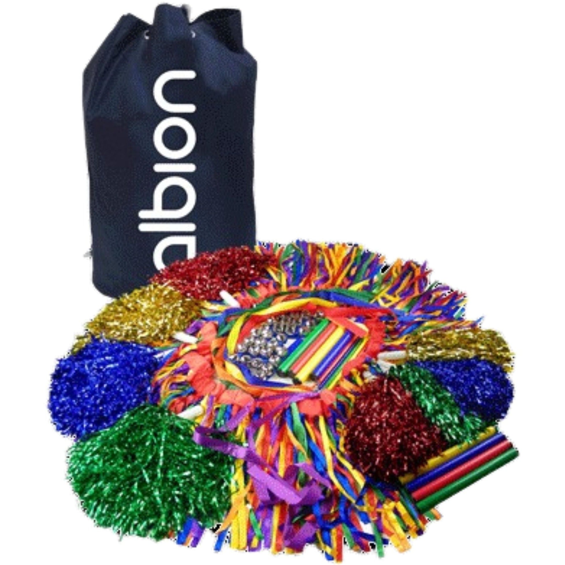 GetSetGo Dance and Movement Pack, The Dance and Movement Equipment Set is the perfect choice for teachers, dance instructors, and parents looking to add some excitement to their dance and movement classes. This set includes eight jingle bands, six large dance scarves, six ribbons and wands, 20 ribbon wristbands, eight pom-poms, and eight tap sticks. Each piece is specially selected to provide both visual and sound effects to engage, stimulate, and challenge young learners.The jingle bands are made of durabl