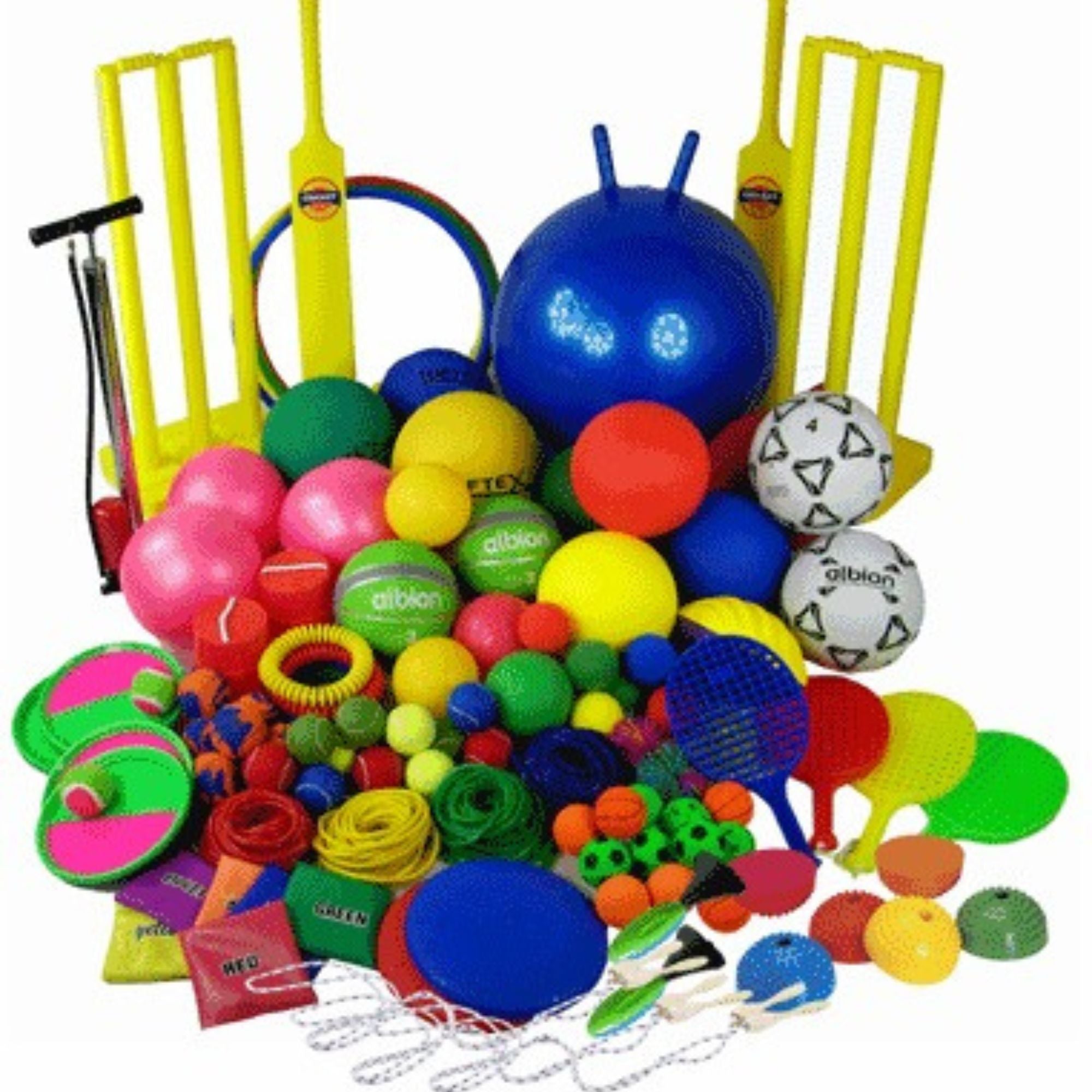 GetSetGo Multi Activity Pack A, The GetSetGo Multi Activity Pack is an extensive collection of equipment designed to encourage physical activity among children and enhance their motor skills, coordination, and overall well-being. Here's a breakdown of what this pack offers and how it can benefit educational institutions: Components of the GetSetGo Multi Activity Pack A: Ball Games Equipment: 2 Albion Basketballs Size 3 2 Albion Nylon Wound Footballs Size 4 1 Vortex Foam Rugby Ball 12 Tennis Balls Team Colou
