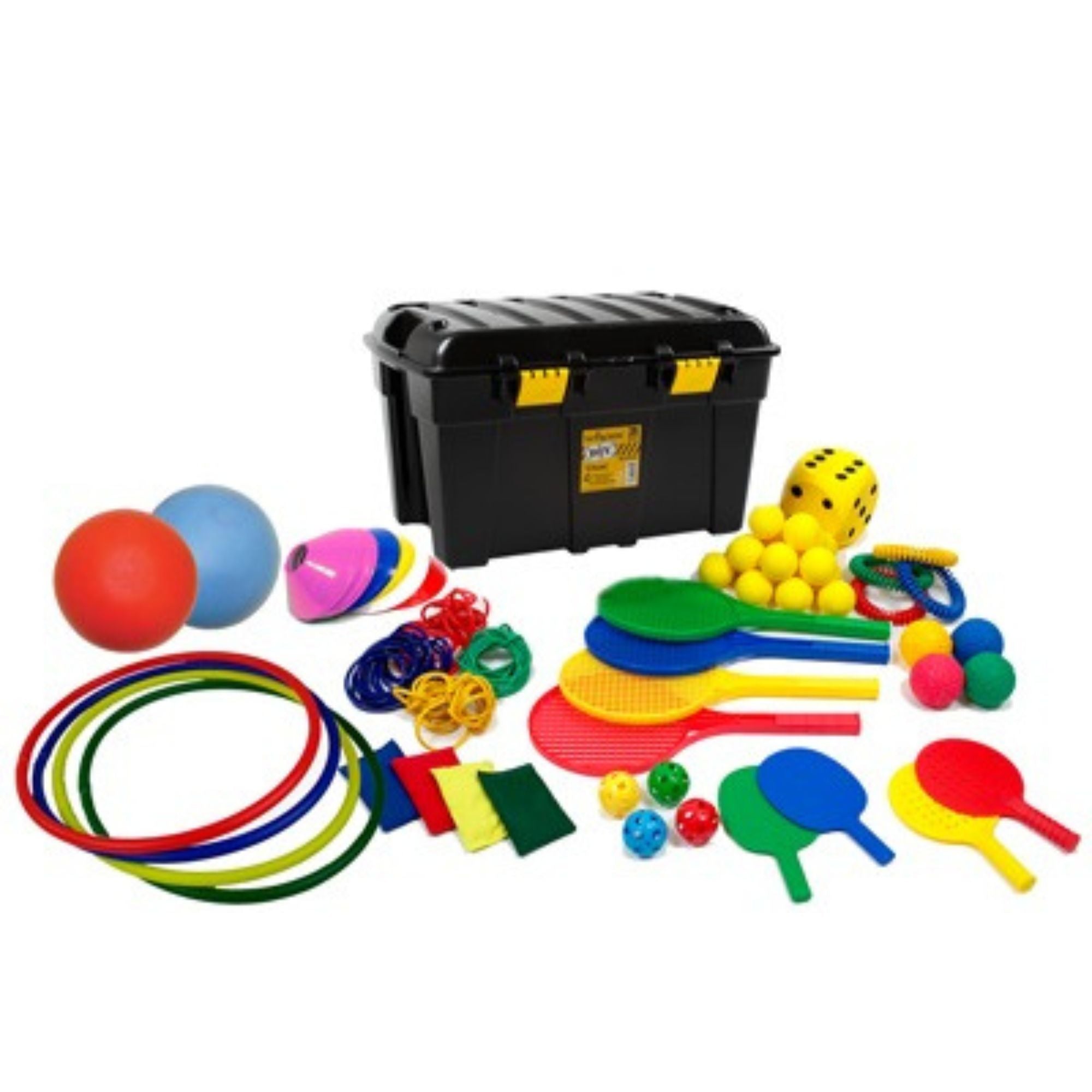 GetSetGo with Playtime Pack E, The GetSetGo with Playtime Pack E is a comprehensive set designed to provide a well-rounded physical activity experience for children. This all-inclusive pack features a wide array of equipment geared towards enhancing not just physical skills but also social skills like teamwork and collaboration. Components and Their Benefits: Skills Development 4 Bean Bags: Perfect for toss and catch games, helps with hand-eye coordination. 2 Foam Sponge Balls (20cm): Larger, softer balls s