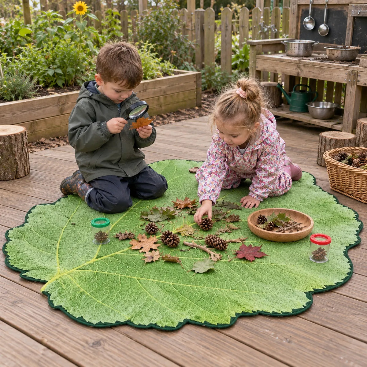 Giant Leaf Playmat in a natural early years outdoor setting with children – image 5 of 8