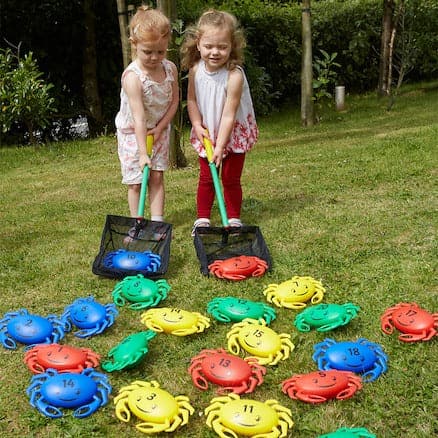 Giant Netting Number Crabs 1 - 20, The Giant Netting Number Crabs is a fun filled netting game designed to develop gross motor skills alongside basic numeracy. This Giant Netting Number Crabs game is ideal for sand and water play, or can be used on any flat surface. The Giant Netting Number Crabs game is designed to develop hand-eye co-ordination and number recognition. There are 20 friendly giant crabs numbered 1-20 and two large crab nets. Giant Netting Number Crabs 1 - 20 Supplied with a net bag for stor