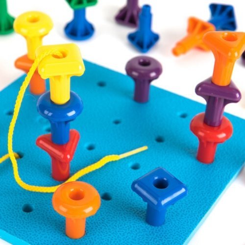 Giant Pegs and Pegboard Set, Our big, chunky Geo Pegs and Pegboard Set is ideal for little hands to manipulate! Kids practice sorting, counting and patterning as they stick jumbo plastic pegs into the peg board. The Geo Pegs and Pegboard Set contain 36 stackable giant pegs in 6 bright colours, 3 shapes, with 21cm square base board and 3 laces. Ideal for developing fine motor skills, counting, sorting and patterning. This Giant Pegs and Pegboard Set is ideal for the early years classroom when it comes to dev
