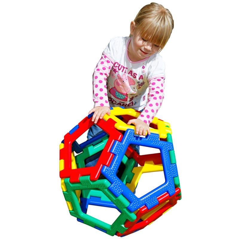 Giant Polydron Pentagon Set, Introducing the Giant Polydron Pentagon Set, the perfect addition to the renowned Giant Polydron construction range. This set takes creativity and learning to new heights, allowing children to explore and construct a whole new array of shapes and structures.With the inclusion of pentagons in this set, young builders can expand their design possibilities and create unique and varied shapes. From making enormous balls to constructing the five Platonic Solids by combining the penta