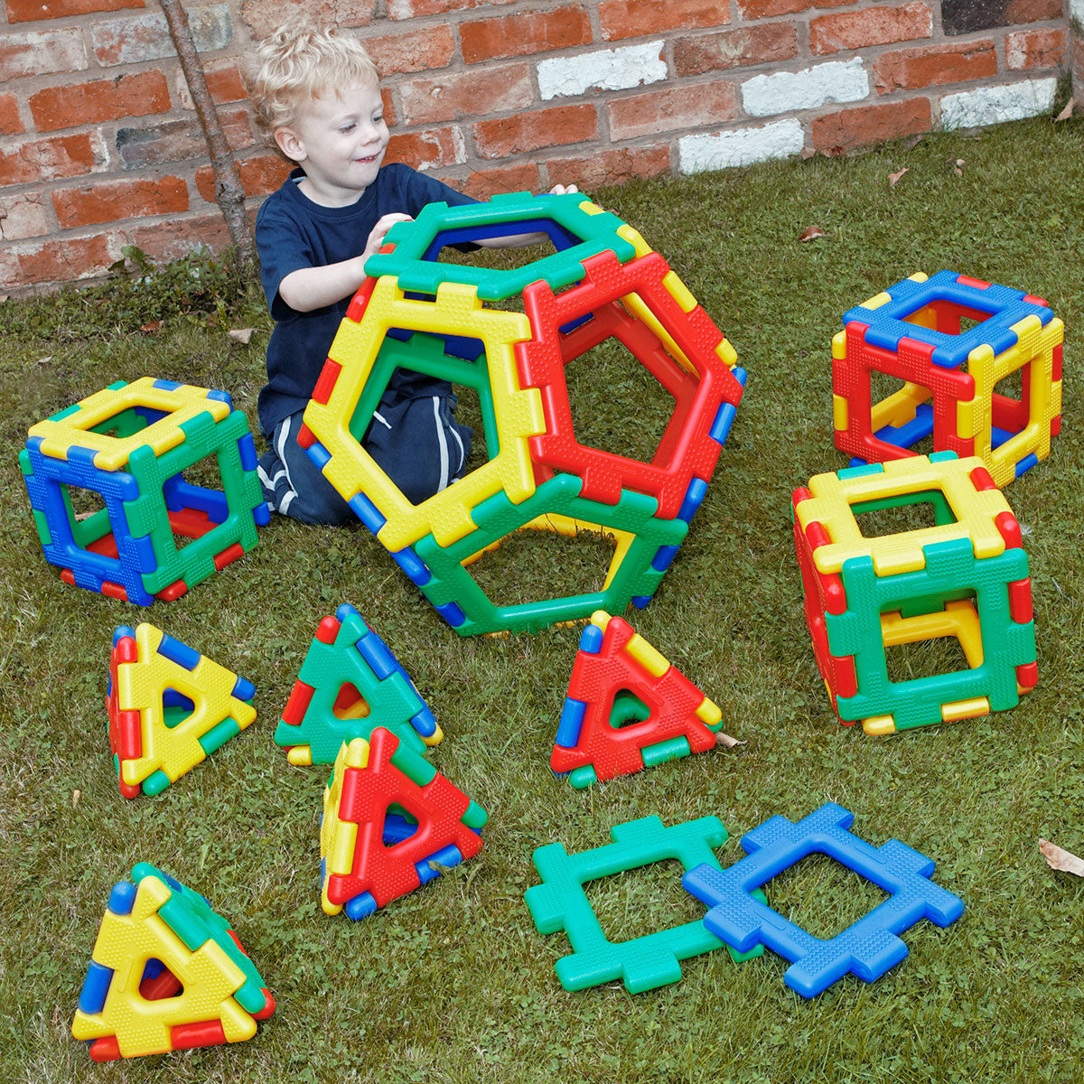 Giant Polydron Platonic Solids Set, Introducing the Giant Polydron Platonic Solids Set - the perfect educational tool for both young and older children. This versatile set allows young children to investigate and explore, while older children can challenge themselves by building more advanced constructions. This set features the five Platonic Solids, making it an essential addition to any early years and special needs environments. With 52 pieces in four vibrant colors, including 20 squares, 20 triangles, a