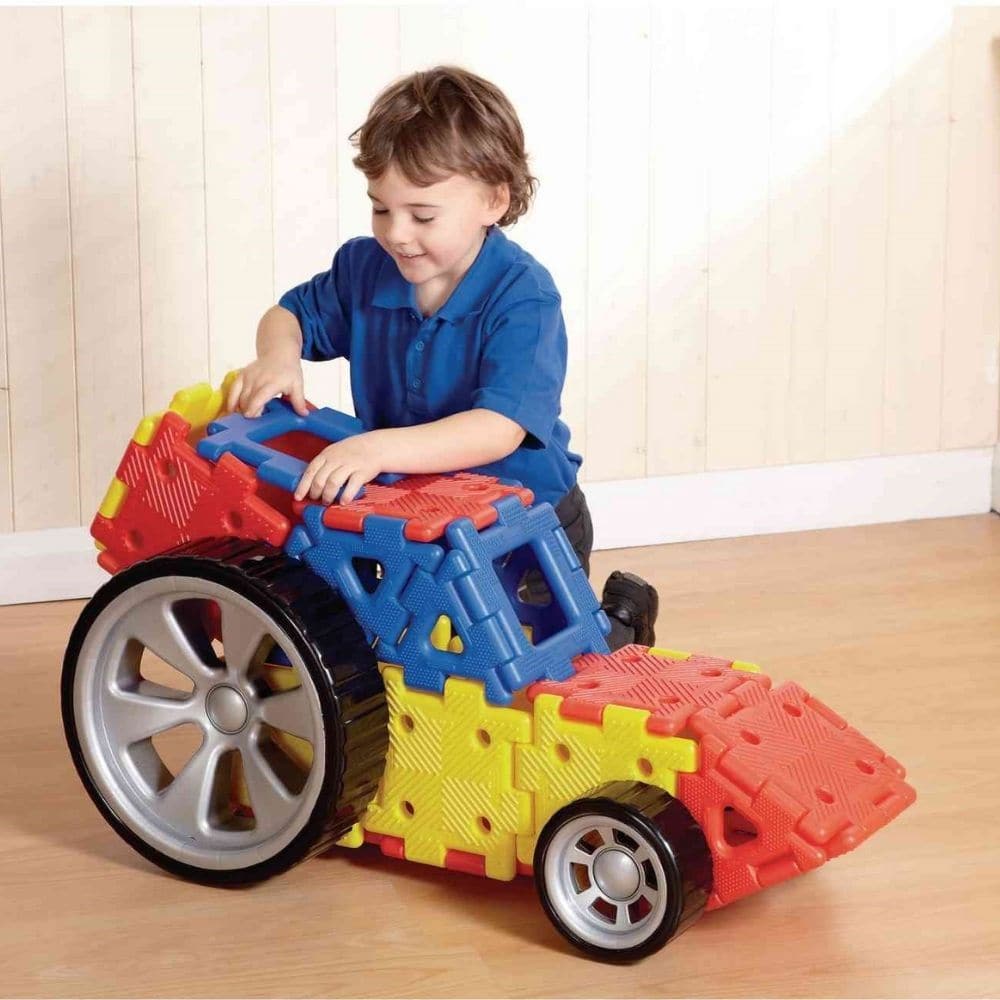 Giant Polydron Vehicle Builders Set, With this brand new Giant Polydron Vehicle Builders Set, children will develop an understanding of how things work. There are two different sized wheels, which allow for an exciting variety of models. Children will learn how to grab, pull and push their models, which helps with their co-ordination and synchronises movement. The Giant Polydron Vehicle Builders Set comes complete with a picture guide which shows how to build different vehicles. Make all sorts of models suc