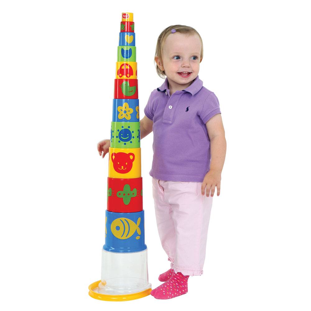 Giant Pyramid Stacker, Graduating in size, these brightly coloured rounded stacking blocks feature pictures to aid your child's learning as they build a tower and name each picture. A sturdy stacking toy, stack the blocks in the correct order, from largest to smallest, to learn all about different sizes! Stacking toy blocks can be used in other play activities or stacked inside each other to store the stacking tower away when playtime's over. Consists of 11 play pieces. Giant Pyramid Stacker - product featu