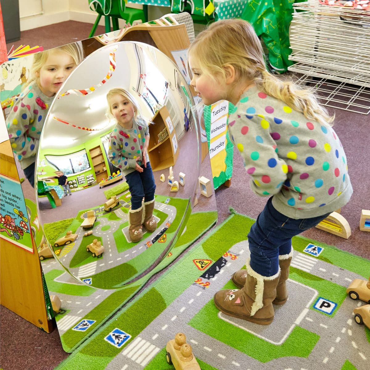 Giant Single Domed Mirror panel, The Giant Single Domed Mirror panel is made from scratch resistant acrylic these mirror panels are safe and ideal for any classroom or nursery setting. Children are drawn to mirrors for the observation of themselves and objects. The Giant Single Domed Mirror panel convex mirror dome provides a distorted, fun and interesting view of the world for children to explore. They can be sited indoor or outdoor and come with sticky pads and corner fixing brackets for attachment to any