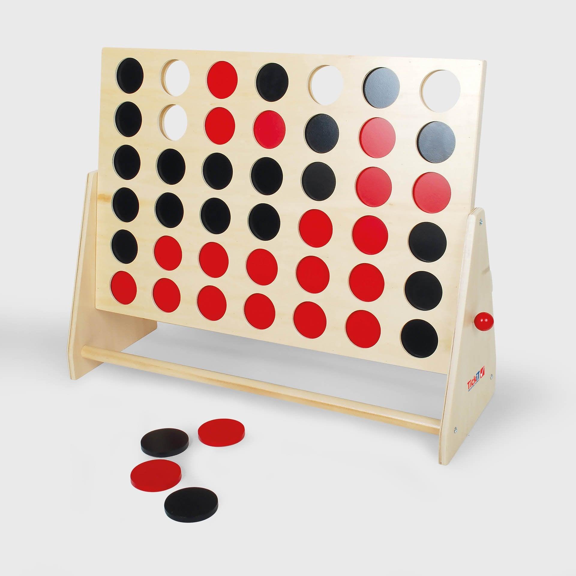 Giant Wooden 4 In A Row, A large version of the traditional wooden 4 in a row game with a sturdy frame and smooth finished wooden black and red counters. The Wooden 4 In A Row is made of rugged plywood construction is of excellent quality and is ideal for outdoor play. Use in the conventional way – racing your partner to make a row of four with your counters, for practising simple counting skills or for pattern making – a great way to strengthen motor skills and logic, and to improve concentration. Simply r