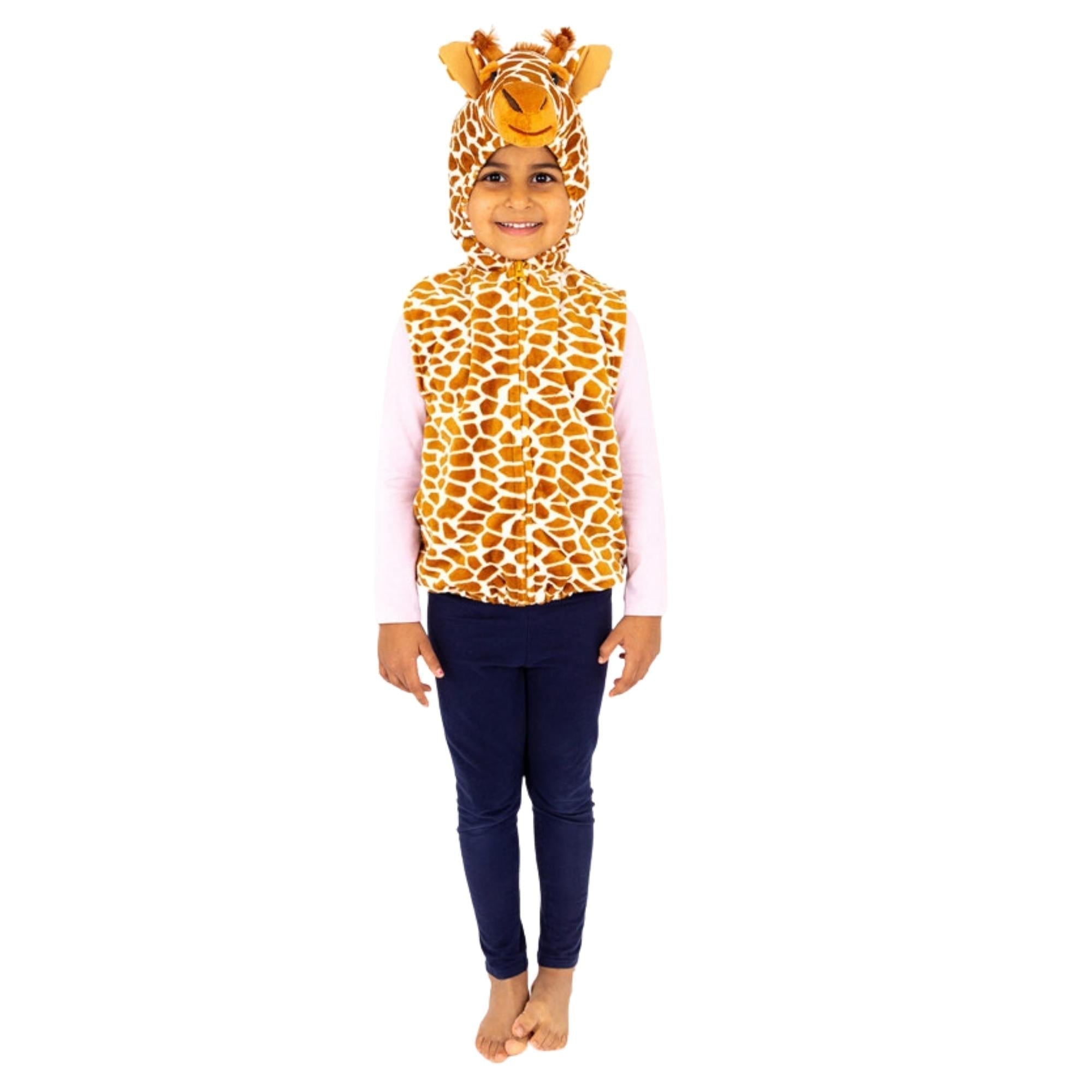Giraffe Zip Top fancy dress, Children will love this Giraffe costume with easy-wear Zip Top design and will have lots of fun enjoying the world of animal role play. This fantastic giraffe fancy zip top from Pretend to Bee is brilliantly detailed and super-soft. Made from a spot printed velour fabric the top is closed by a front zip and it has a velour hood with giraffe head. The giraffe face features a long nose, eyes,, giraffe ossicones (horns) and pointed ears. At the back of the costume there is a tail. 