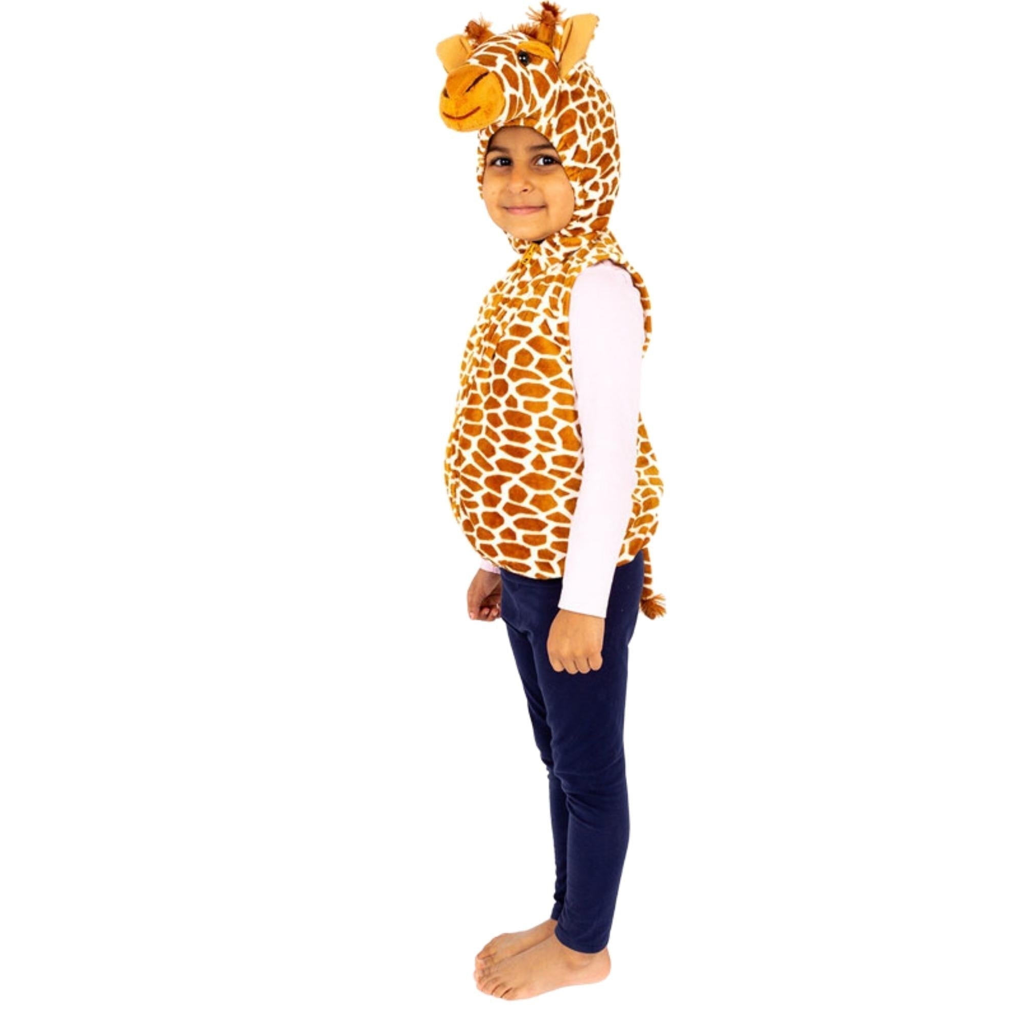 Giraffe Zip Top fancy dress, Children will love this Giraffe costume with easy-wear Zip Top design and will have lots of fun enjoying the world of animal role play. This fantastic giraffe fancy zip top from Pretend to Bee is brilliantly detailed and super-soft. Made from a spot printed velour fabric the top is closed by a front zip and it has a velour hood with giraffe head. The giraffe face features a long nose, eyes,, giraffe ossicones (horns) and pointed ears. At the back of the costume there is a tail. 