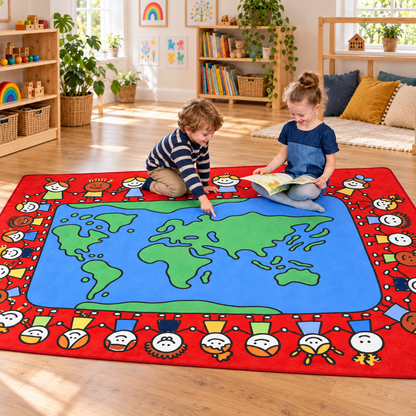Reading and map exploration on the 3m x 2m Global Friends Rug in an early years setting, lifestyle view 2