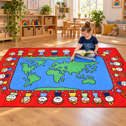 Reading and map exploration on the 3m x 2m Global Friends Rug in an early years setting, lifestyle view 3