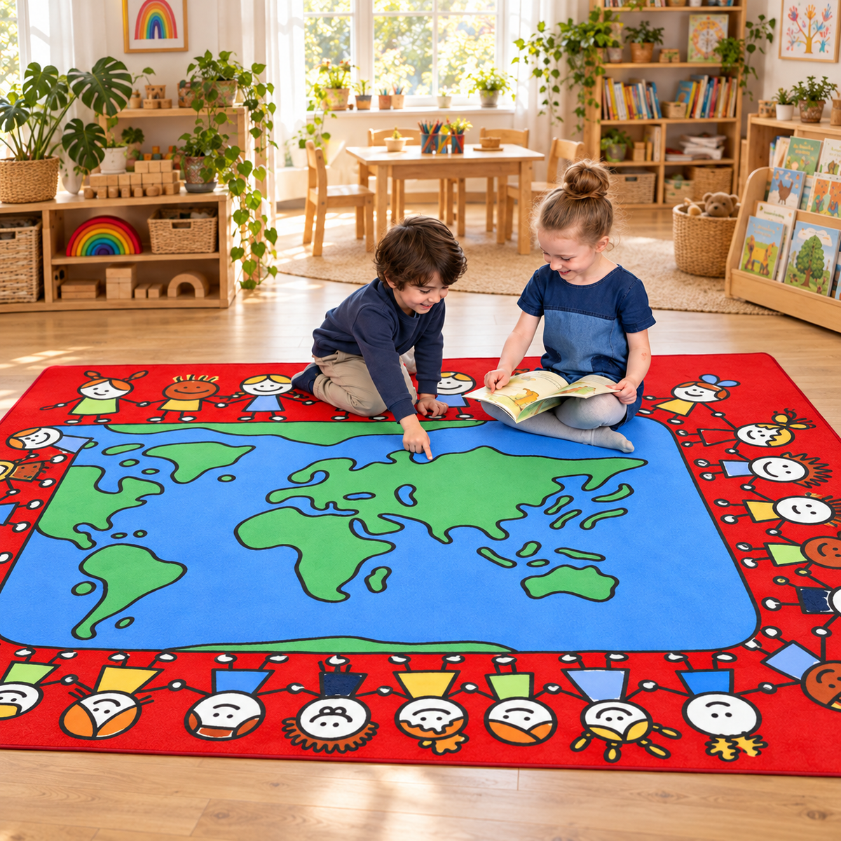 Reading and map exploration on the 3m x 2m Global Friends Rug in an early years setting, lifestyle view 4