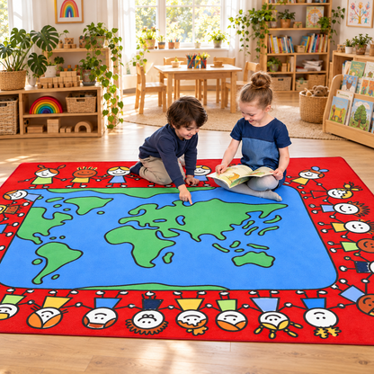 Reading and map exploration on the 3m x 2m Global Friends Rug in an early years setting, lifestyle view 4