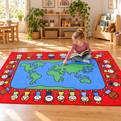 Reading and map exploration on the 3m x 2m Global Friends Rug in an early years setting, lifestyle view 5