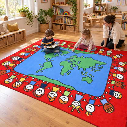 Global Friends Rug – 3m x 2m, 3000 x 2000mm, in use by children with an adult in an early years setting, lifestyle view 1