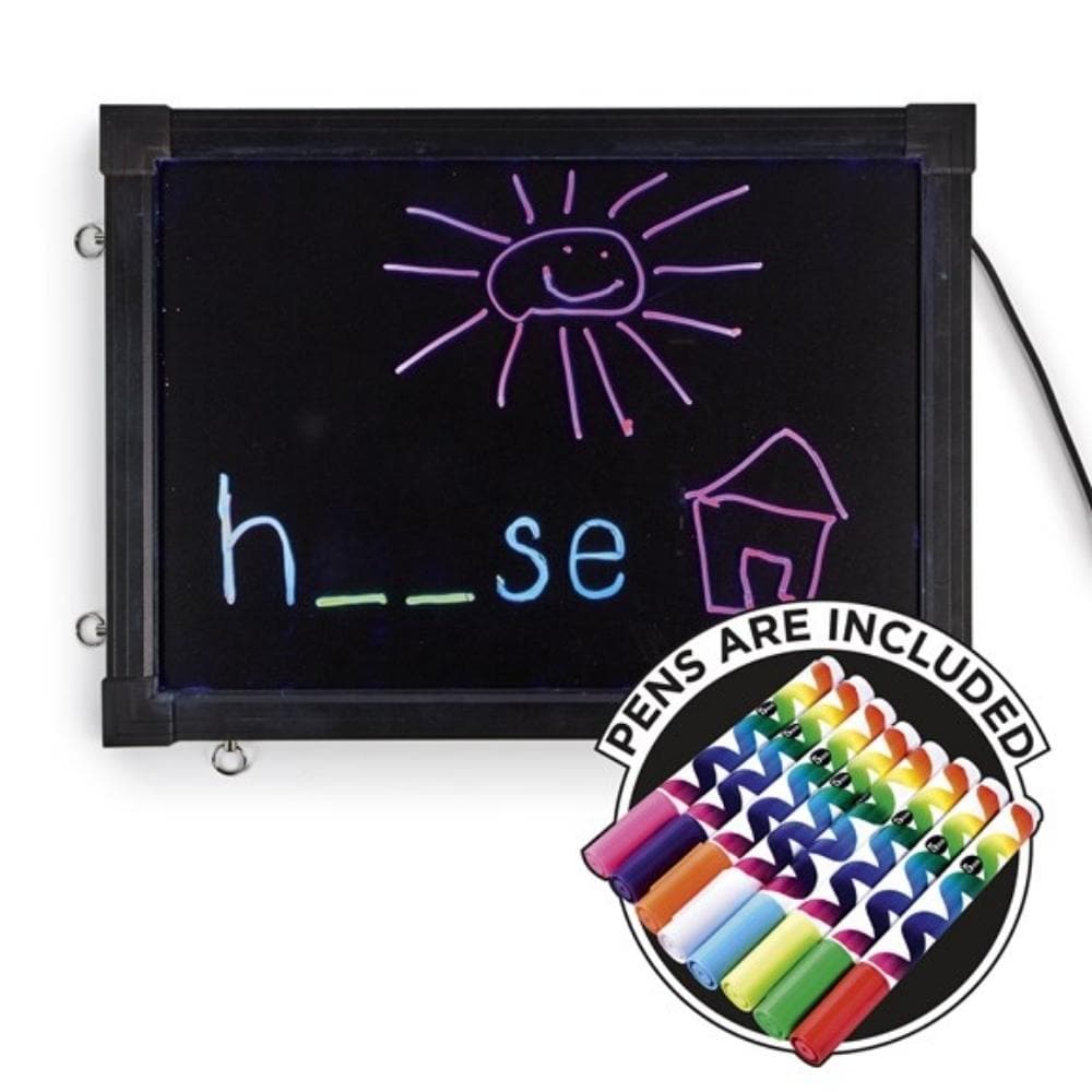 Glow Writer Panel 30 x 40cm, Even your most reluctant writers will want to work on a Glow Writer Panel. Expect an 'ahh wow' reaction when you turn on the Glow Writer and begin using the fluorescent chalks to write. This Glow Writer Panel is a great value handwriting resource has a dry wipe surface and a series of LEDs that light up the black board with a rainbow of colour, bringing writing and drawings to life through a multi-sensory approach. Engage reluctant writers with a vibrant, exciting and multi-sens