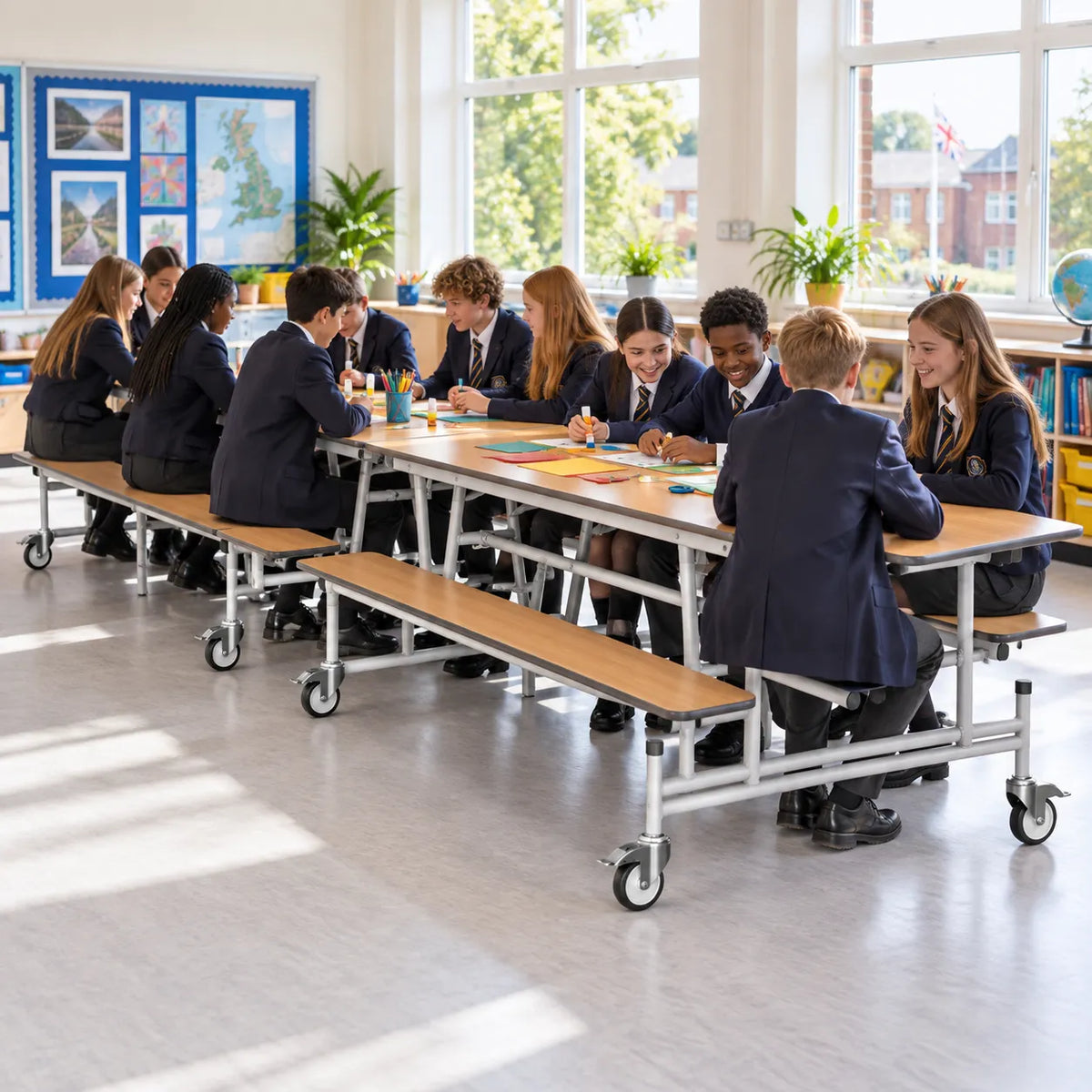 GoRoll Folding Table with Benches 10ft in a bright UK school setting – lifestyle image 2