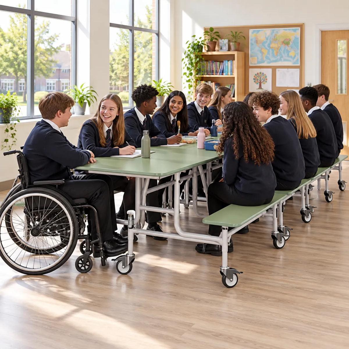 GoRoll Folding Table with Benches 10ft in a bright UK school setting – lifestyle image 4