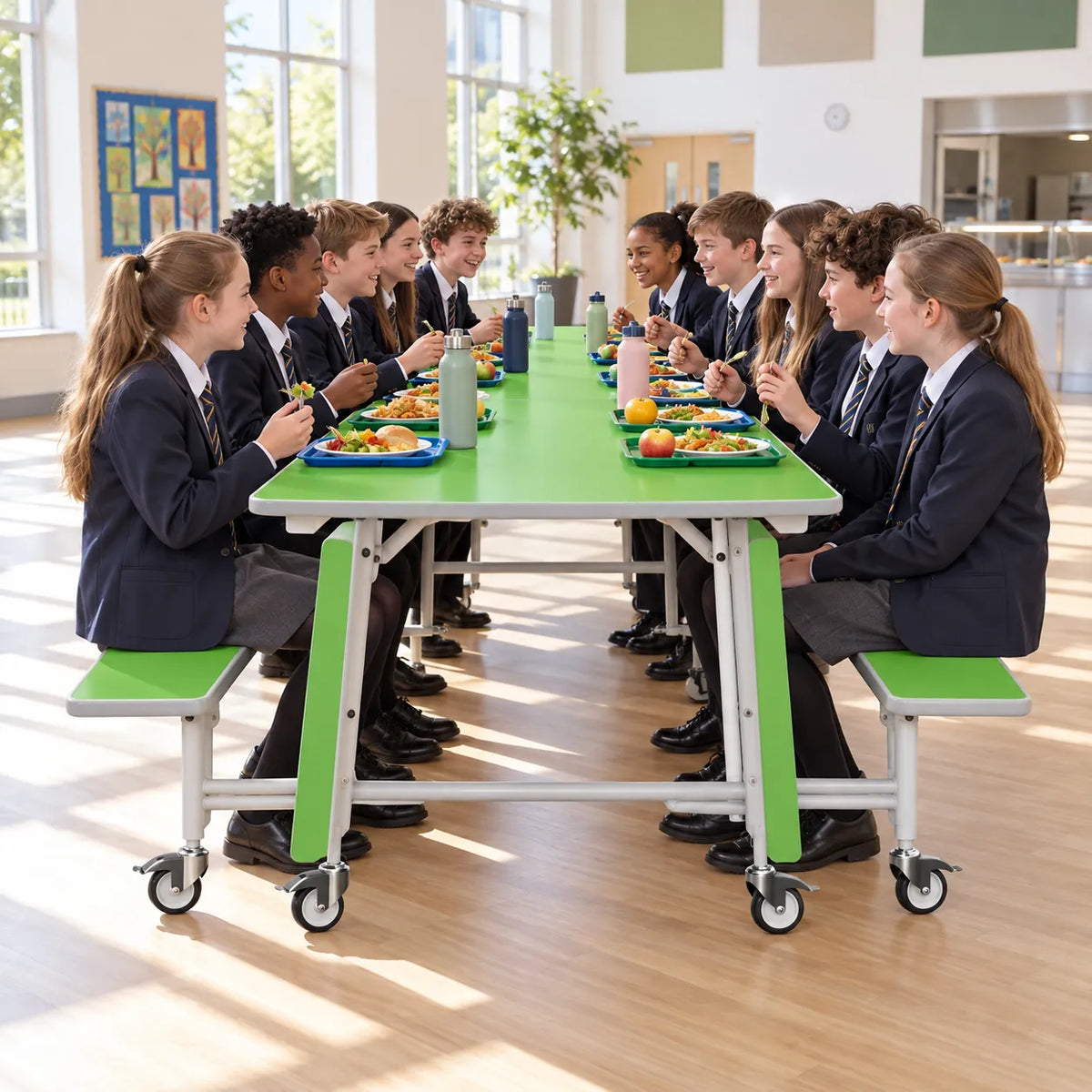 GoRoll Folding Table with Fixed Benches 10ft in a bright UK school setting – lifestyle image 1