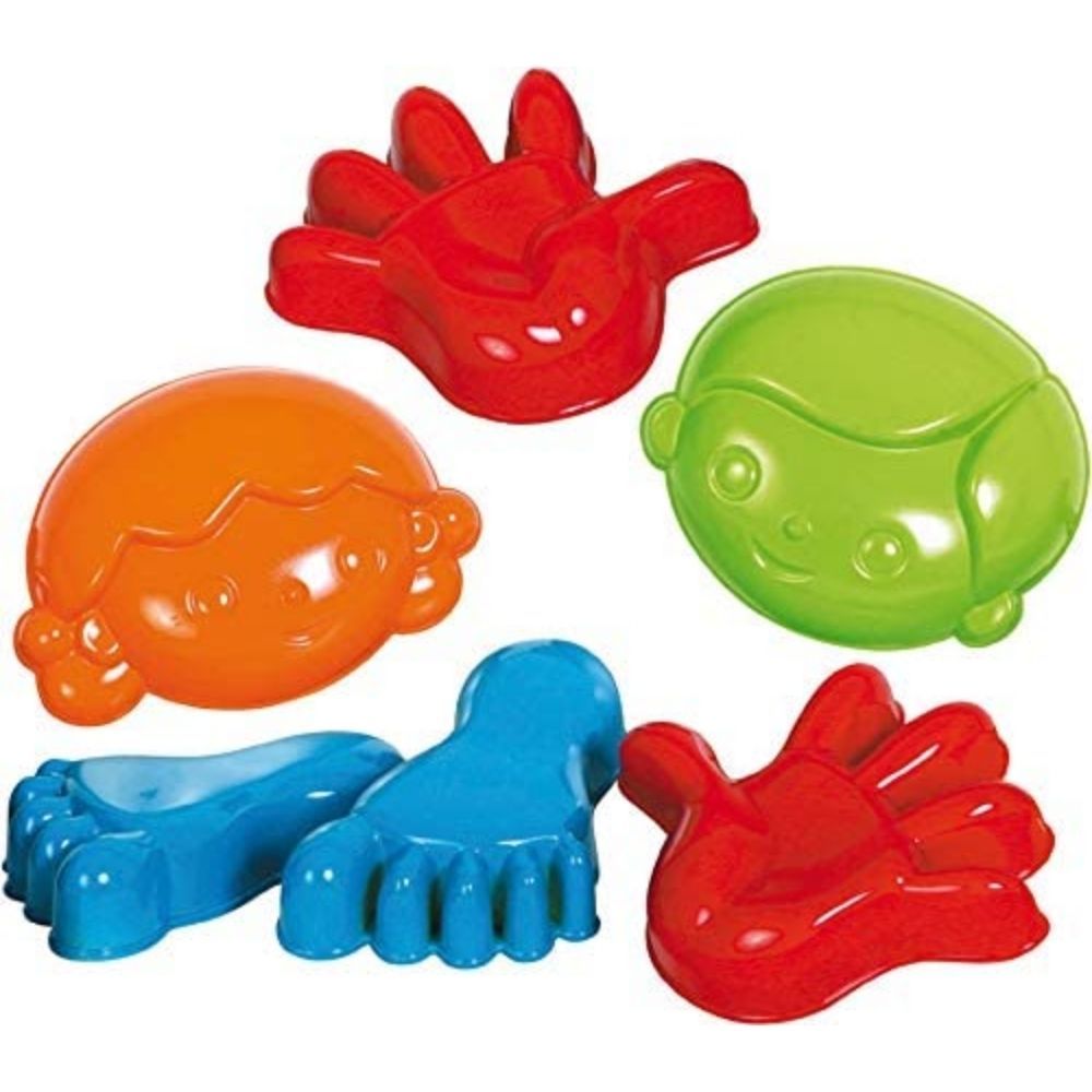 Gowi Toys Sand Moulds Children Happy Faces, Hands and Feet, These brightly coloured sand moulds will help your little one to be creative in their beach or sandpit play sessions. Simply fill the mould with sand, pat it down and lift off to reveal the shape left behind! Includes two cheery faces, plus two hands and two feet to create a trail of hand or foot prints in the sand! Gowi Toys are manufactured to strict safety standards using bright, bold colours and encourage early childhood development. Moulds for