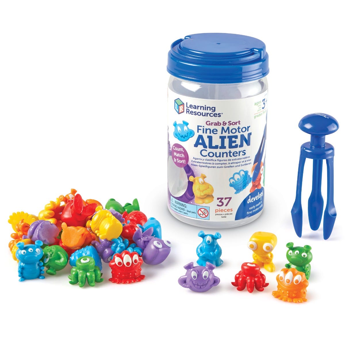 Grab & Sort Fine Motor Alien Counters, Get ready for cosmic maths adventures as children count, pattern, sort, and match the 36 colourful aliens in this fun maths set. Children use the Tri-Grip Tongs to pick up and sort the alien counters which come in 6 bright colours and 6 alien shapes. Made for little hands, the Tri-Grip Tongs have indentations that intuitively guide children’s fingers and get little hands used to the position they’ll need to achieve to hold a pencil. Count, order, sort, pattern, and mat
