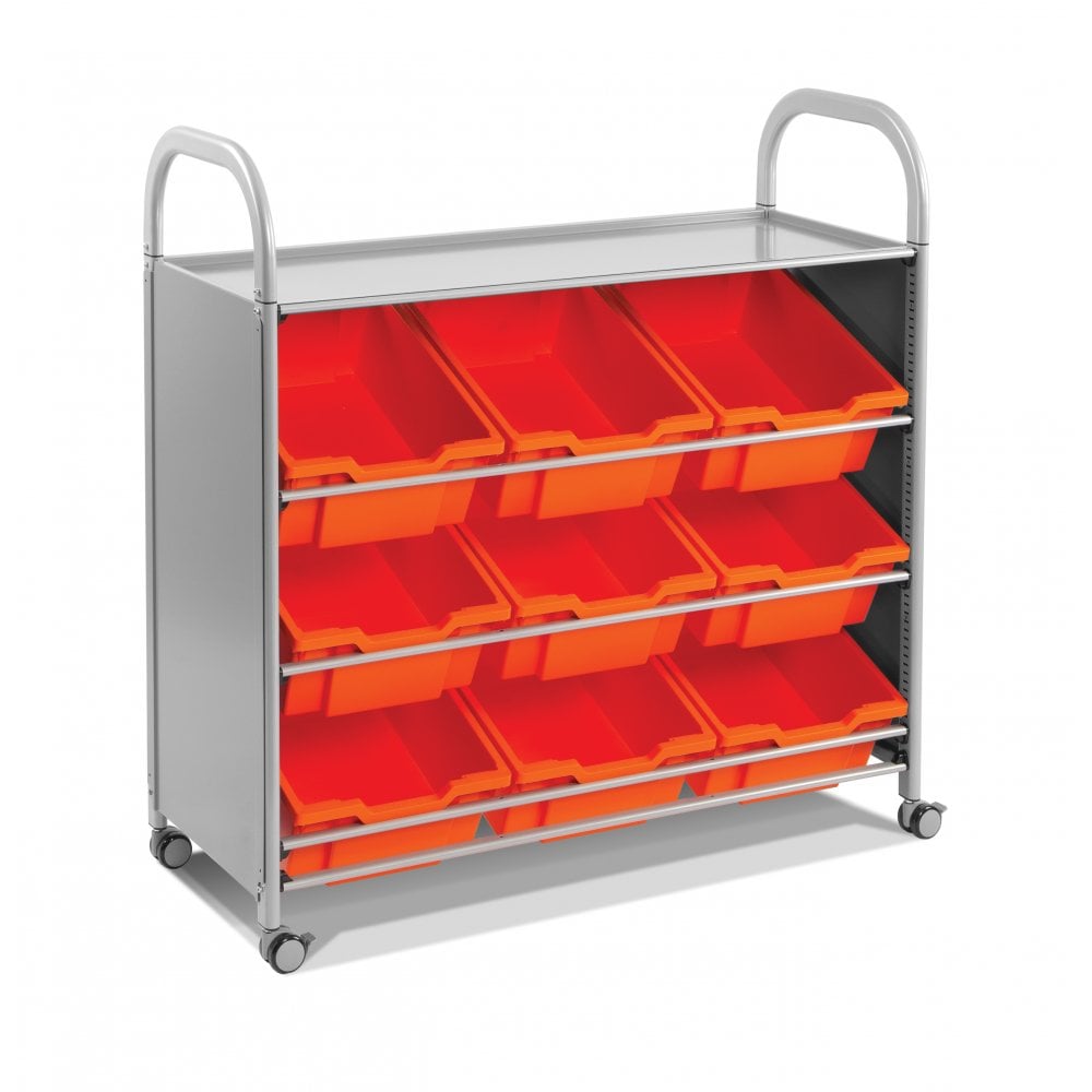 Gratnells Callero Storage 9 Slanted Trays, Metal trolley with tilted trays allowing easy viewing of contents. Ideal for easy viewing and access to contents. Choose silver or cyan metal trim and the trolley comes with both feet and castors so you can choose between static and mobile use. Treble width Callero trolley with tilted trays for easy display of contents. Ideal for younger children to easily access contents. Callero treble width trolley in choice of silver or cyan. Nine deep trays in your choice of c