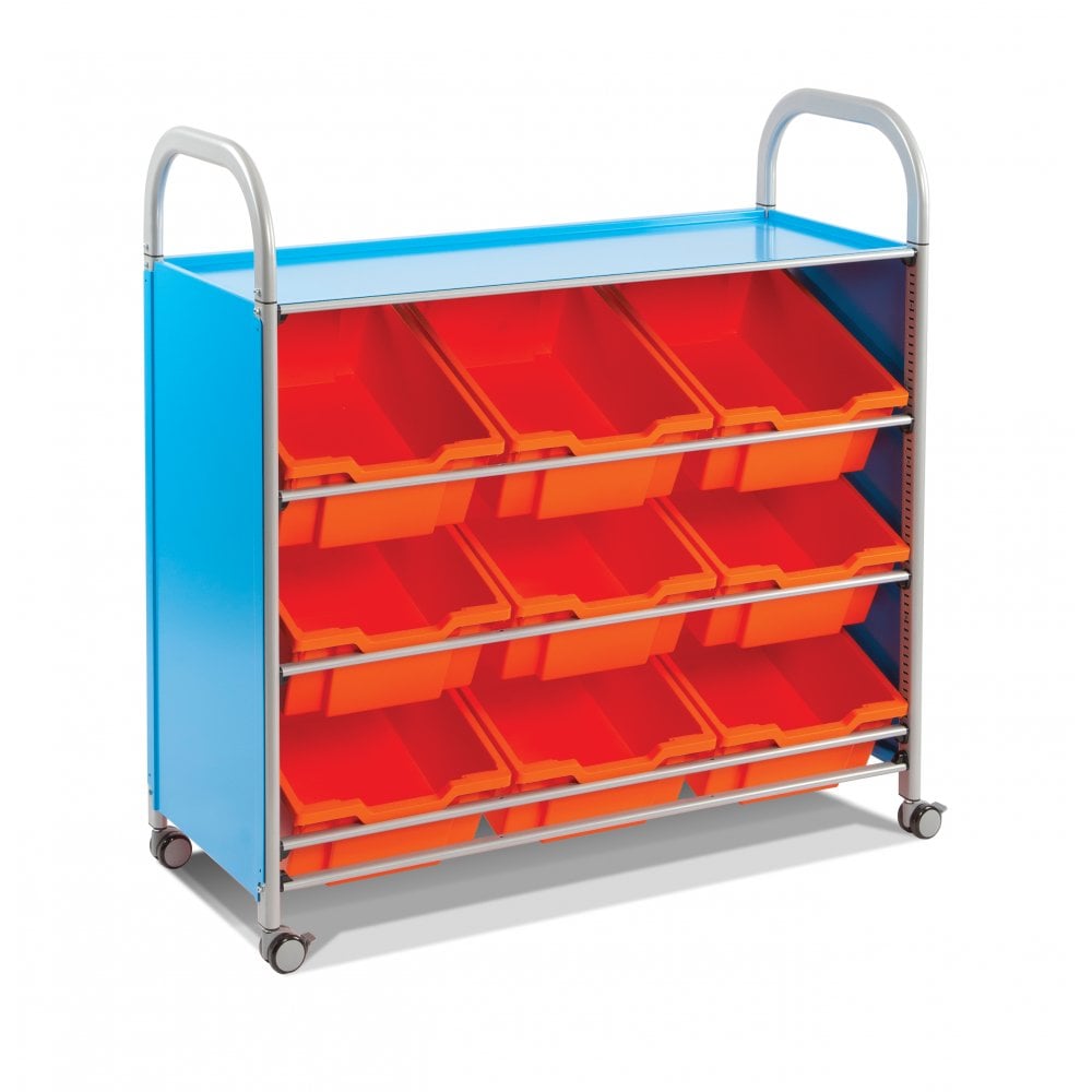 Gratnells Callero Storage 9 Slanted Trays, Metal trolley with tilted trays allowing easy viewing of contents. Ideal for easy viewing and access to contents. Choose silver or cyan metal trim and the trolley comes with both feet and castors so you can choose between static and mobile use. Treble width Callero trolley with tilted trays for easy display of contents. Ideal for younger children to easily access contents. Callero treble width trolley in choice of silver or cyan. Nine deep trays in your choice of c