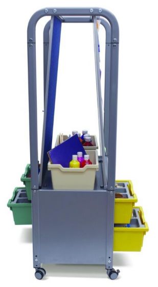 Gratnells MakerHub Cart, Part of the Callero range, the MakerHub is a manoeuvrable double-sided resource hub which allows any learning space to be used dynamically for the benefit of teachers and learners. It holds two easily interchangeable whiteboards- simply lift them up and pull them down to remove. The standard size whiteboards are mounted above StopSafe runners which hold a variety of Gratnells storage trays for ease of access to bespoke resources. With StopSafe runners the trays can be pulled right o