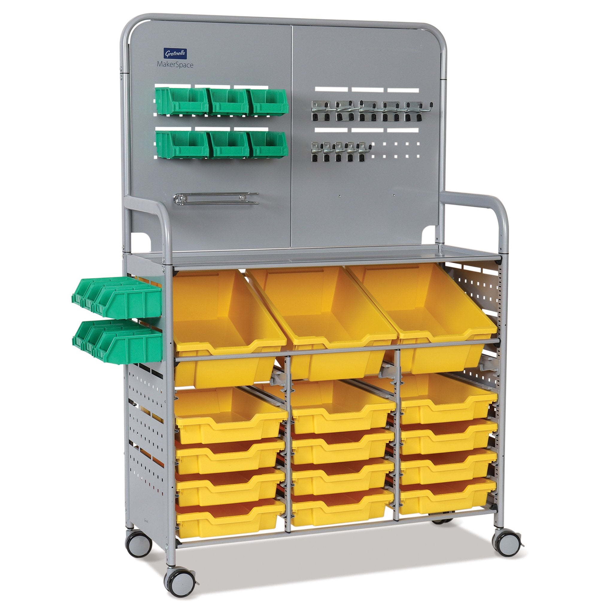 Gratnells MakerSpace STEM Trolley, Designed to work with the rest of the Callero range, the MakerSpace trolley can be configured with a variety of tray and storage bin options. The standard Gratnells trays can be interchanged with fixed storage to transport materials and tools to a work area, and the trolley can also be used as a standalone workstation, with ample storage for many materials and hand tools. There are no sharp edges or corners and the ergonomic handles as well as 75mm castors make maneuvering