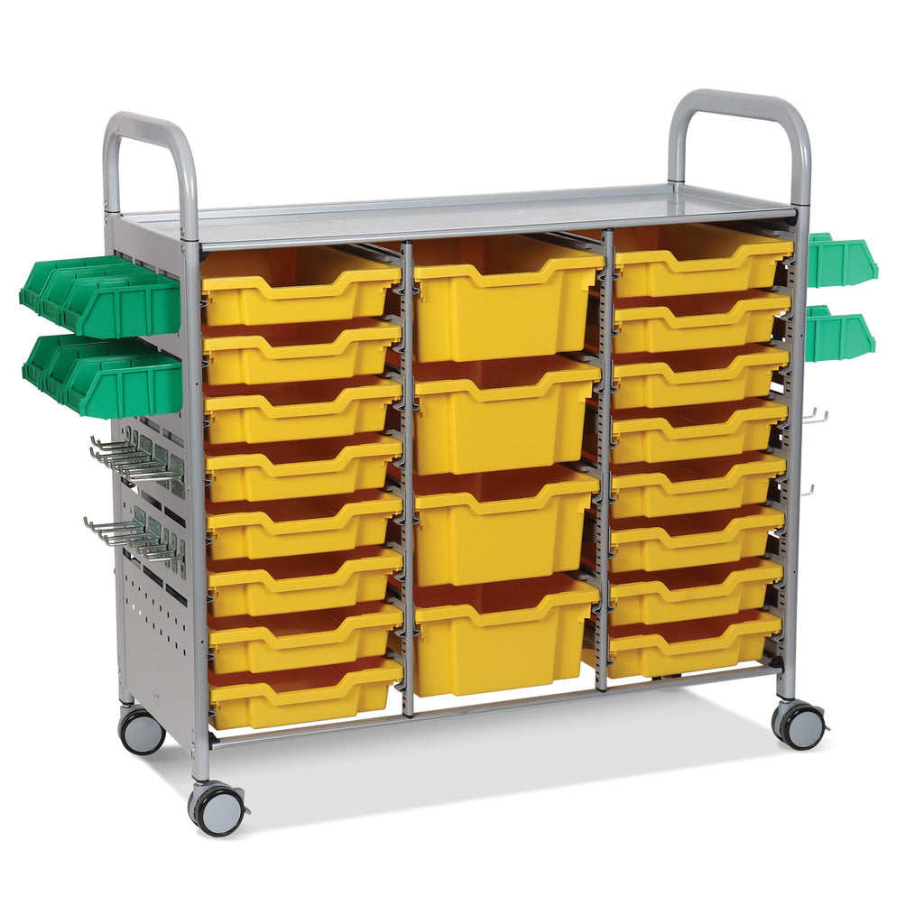 Gratnells MakerSpace Treble Trolley, Designed to work with the rest of the Callero classroom storage range, the MakerSpace trolley can be configured with a variety of tray and storage bin options. The standard Gratnells trays can be interchanged with fixed storage to transport materials and tools to a work area, and the trolley can also be used as a standalone workstation, with ample storage for many materials and hand tools. There are no sharp edges or corners and the ergonomic handles as well as 75mm cast