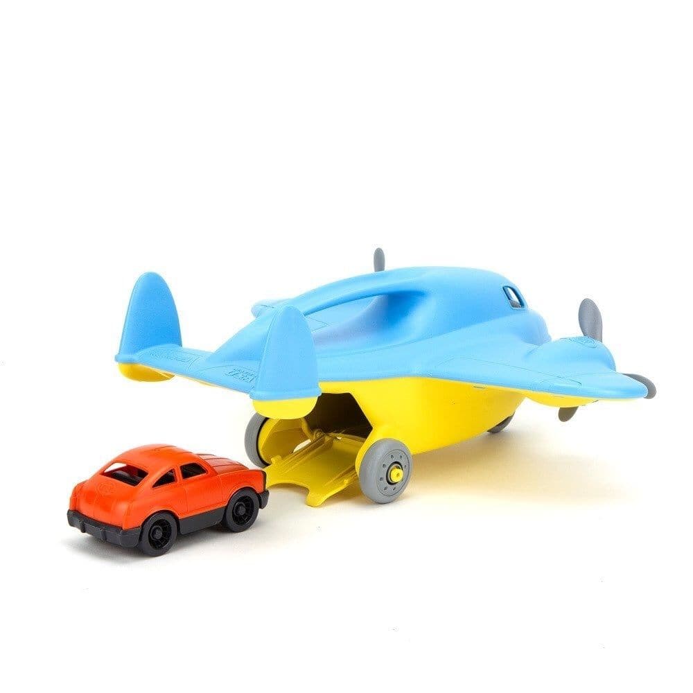 Green Toys Cargo Plane Blue, All systems go! The Green Toys™ Cargo Plane is filled with freight and ready to take flight! This bright yellow and blue flier features a three-wheel design and handle on the body, so little pilots can easily go from taxiing on the ground to soaring in the sky on an eco-friendly adventure. Access the spacious cargo hold through a flip-down door that doubles as a ramp, perfect for loading up the included Green Toys™ Mini Car or anything else imaginations want to stow away. Great 