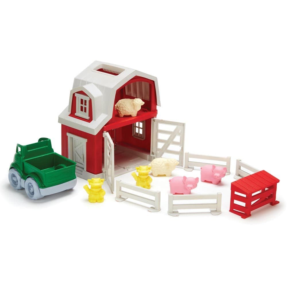 Green Toys Farm Set, It's a busy day on the Green Toys Farm! Inspiring cooperative play and communication, this toy farm set includes a barn, pick-up truck, farmer cow characters, sheep, pigs, fences and a hog shed for endless imaginative play. As little ones help farm the cows, open and close the barn doors, corral the pigs and load the sheep into the back of the pick-up truck, they also develop fine motor skills and coordination with this sustainable farm toy. All pieces fit inside the barn and the built-