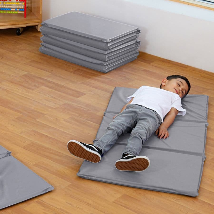 Grey Folding Sleep Mat 10pk, Easy to store and use sleep mats perfect for Early years and Nursery settings, these Grey Folding Sleep Mats are soft and comfortable and easy to keep clean with a quick wipe down.Foldable sleep mats are a must-have for Early years and Nursery settings, and our Grey Folding Sleep Mat is the perfect solution for keeping little ones comfortable during nap times. The Grey Folding Sleep Mats are made from soft and cushioned vinyl material, this mat is incredibly comfortable and easy