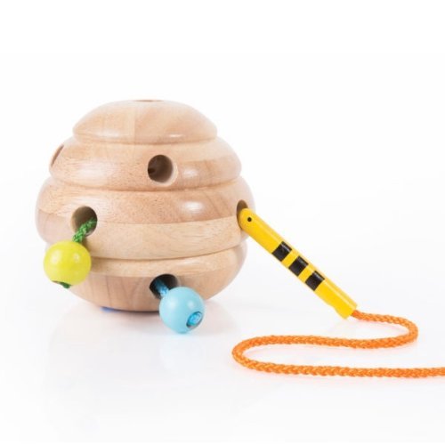 Guidecraft Beehive Lacing, The Beehive Lacing set combines a classic lacing activity while inspiring dramatic play. Set includes a solid rubber wood beehive with holes for the three bees on multi-coloured lacing strings to lace through it. These manipulatives are easy for little hands to grasp and are for developing essential and cognitive skills including dexterity, hand-eye coordination, as well as visualisation and process. Suggested Age: 3+. Beehive Lacing set encourages children to lace the colorful be