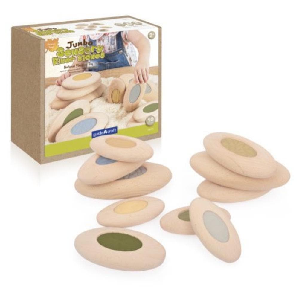 Guidecraft Jumbo Sensory River Stones, Smooth-sanded, over-sized beech wood Jumbo Sensory River Stones feature inset, nature-inspired textures. Children 2 and up can engage in sensory play while practicing stacking and balancing and strengthening their tactile differentiation. A beautiful, subdued color palette furthers the possibilities for organic connections during natural play.The Guidecraft Jumbo Sensory River Stones are over-sized, stone-shaped blocks made from beech wood feature plastic, inset textur
