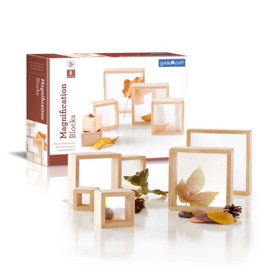 Guidecraft Magnification Blocks, The Guidecraft Magnification Blocks come with Six stacking squares which feature hardwood frames, and smooth, rounded corners and edges, with inset magnified acrylic windows. The Guidecraft Magnification Blocks are Ideal for exploring natural, tactile, and other detailed materials found inside or in nature. Enhance STEM-based activities with the 6-piece set, perfect for group play. Largest square measures 7”W x 7”D x 2”H. Hardwood block set with inset lenticular windows Set 
