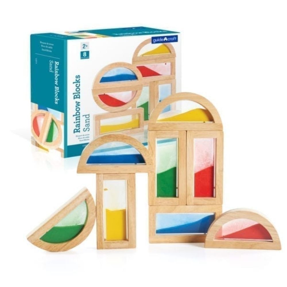 Guidecraft Rainbow Blocks Sand, Use the Guidecraft Rainbow Blocks Sand to enhance traditional block play with this set of 8 Rainbow Blocks in various shapes filled with colorful sand. An adventure in color, light and sound! Indulge your child’s appetite for exploration by combining blocks to form new colors and sounds, or stack the blocks in a different order each time to form new and exciting shapes. Smooth hardwood frames with primary colored acrylic windows.The Guidecraft Rainbow Blocks Sand has eight bl