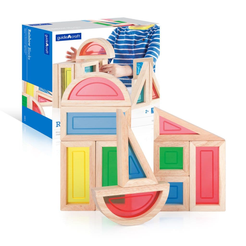 Guidecraft Rainbow Blocks, This set of 10 Guidecraft Rainbow Blocks are smooth, hardwood blocks and have red, blue, green and yellow plexiglass inserts that will make play time a more colourful experience. The shapes include squares, rectangles, triangles and half-circles that will be sure to compliment and add nice accents with any other wood block sets you may own. Each Guidecraft Rainbow Blocks has transparent plexi centre's. The Guidecraft Rainbow Blocks Sets promote: Cognitive Development: The imaginat