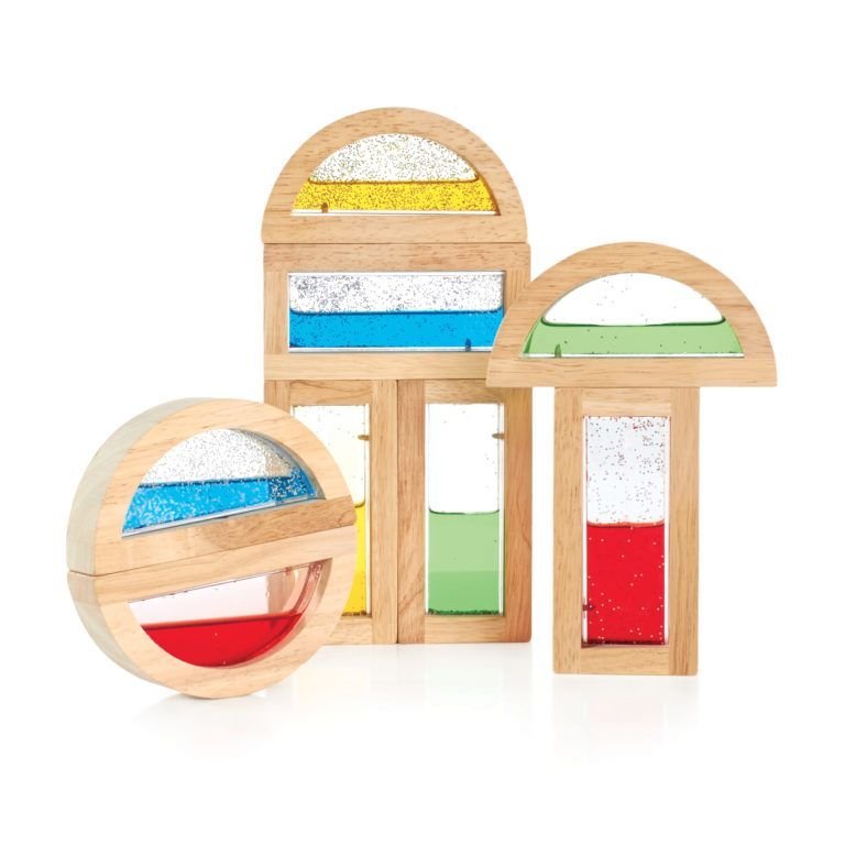 Guidecraft Shimmering Water Blocks, The Guidecraft Shimmering Water Blocks are a great addition to the block play family. Smooth hardwood frames with acrylic windows. The Guidecraft Shimmering Water Blocks are sized to standard unit block measurements. Eight blocks per package: 4 rectangle and 4 half moon shapes. Features plexi inner with coloured liquid. Ages 2+. Solid wood frames with inset acrylic windows and water that sparkles Guidecraft Shimmering Water Blocks Set includes 4 rectangles and 4 half moon