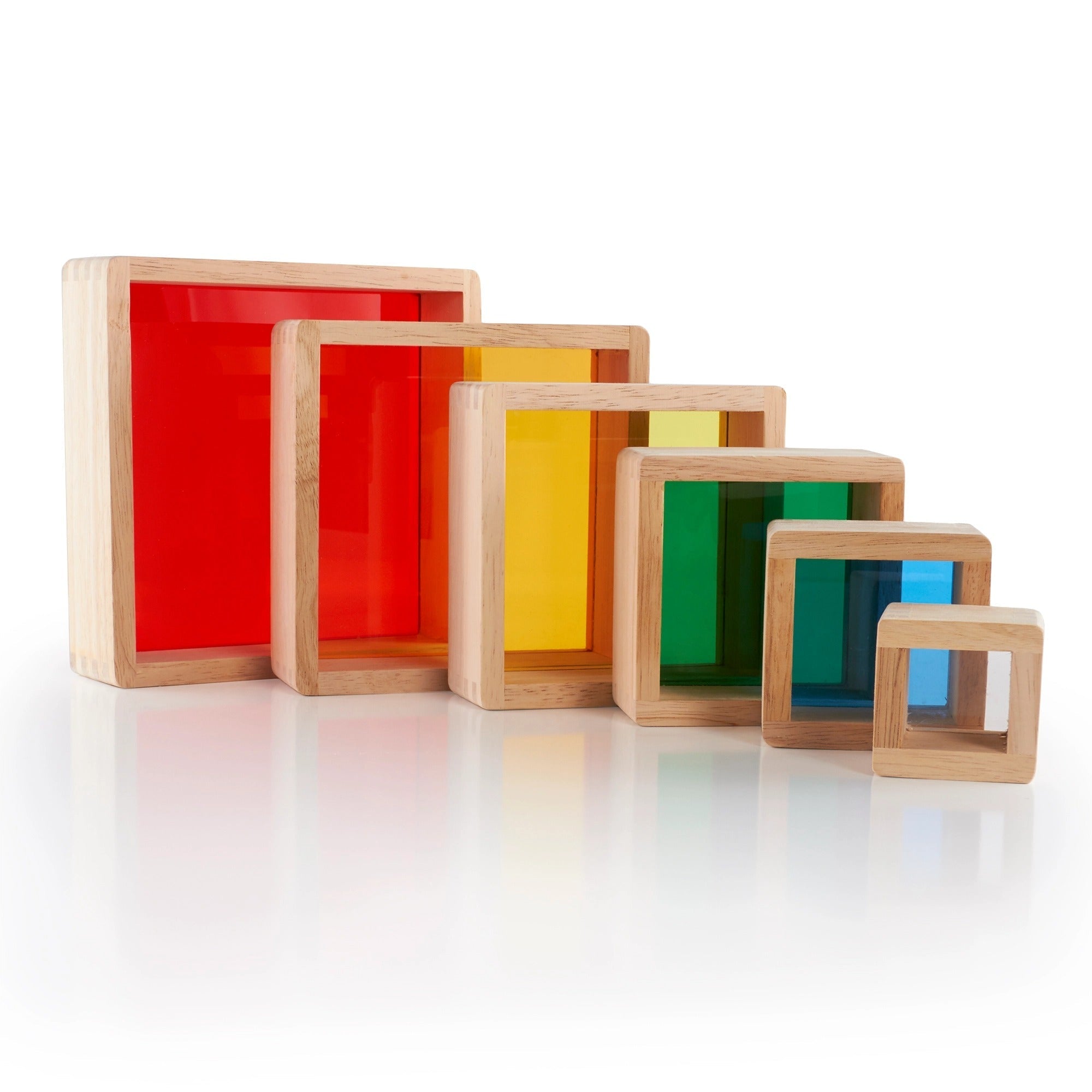 Guidecraft Stacking Rainbow Pyramid, Six hardwood Guidecraft Stacking Rainbow Pyramid squares featuring inset coloured plexi for stacking, sorting, building, sequencing and creating imaginative, colourful constructions! The Guidecraft Stacking Rainbow Pyramid doubles as a stand-alone manipulative or an addition to hardwood block construction. The Guidecraft Stacking Rainbow Pyramid have hardwood frames, rounded corners and edges, and inset acrylic windows. Solid wood frames with inset coloured acrylic windo